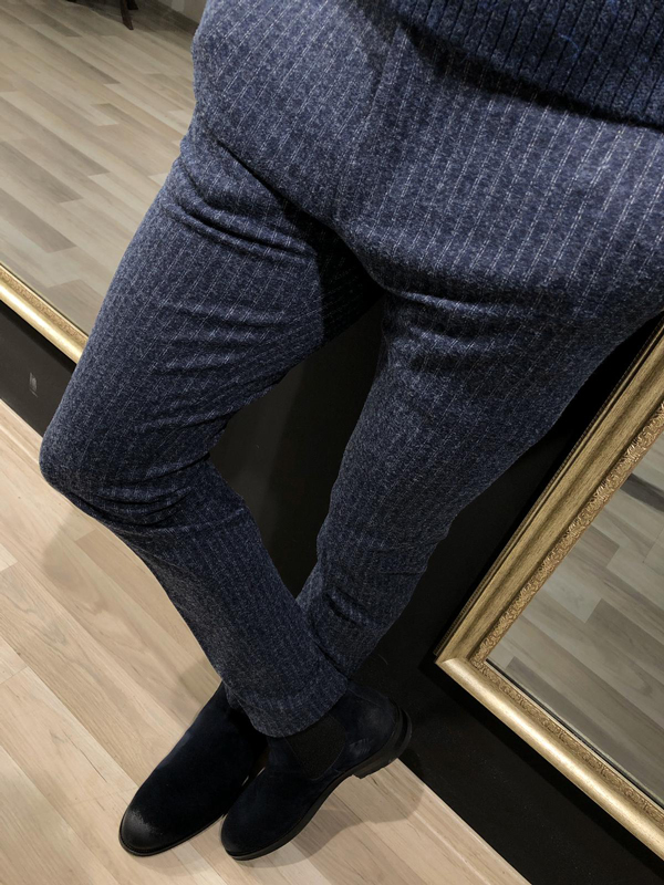 Navy Blue Slim Fit Striped Pants by GentWith.com with Free Worldwide Shipping