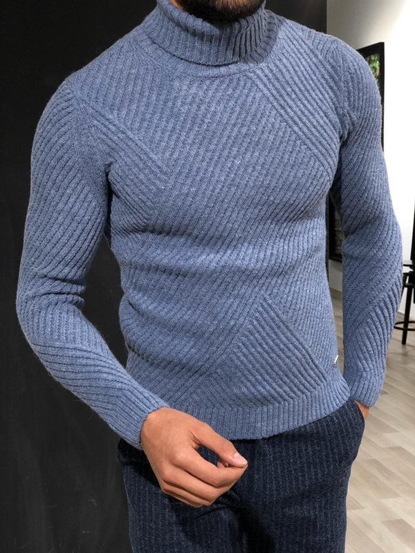 Blue Slim Fit Turtleneck Sweater by GentWith.com with Free Worldwide Shipping