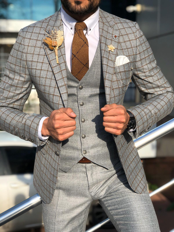 Buy Brown Slim Fit Plaid Check Suit by GentWith.com | Free Shipping
