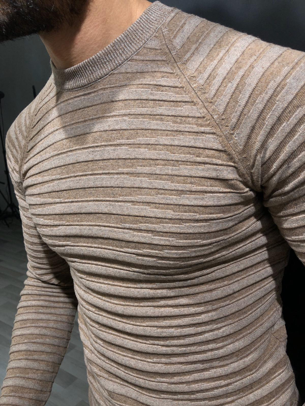 Beige Slim Fit Crew Neck Sweater by GentWith.com with Free Worldwide Shipping