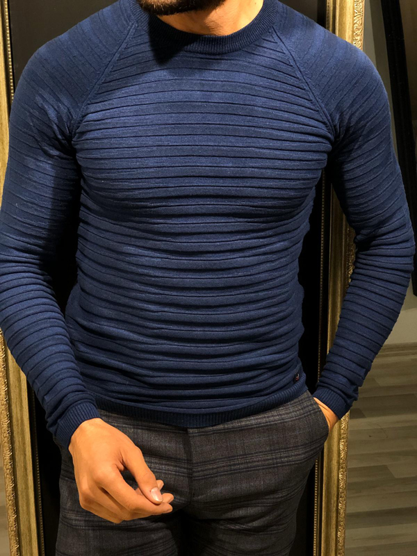 Navy Blue Slim Fit Crew Neck Sweater by GentWith.com with Free Worldwide Shipping