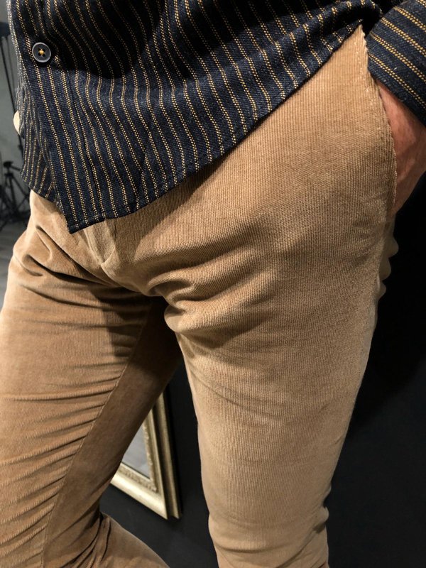 Beige Slim Fit Corduroy Pants by GentWith.com with Free Worldwide Shipping
