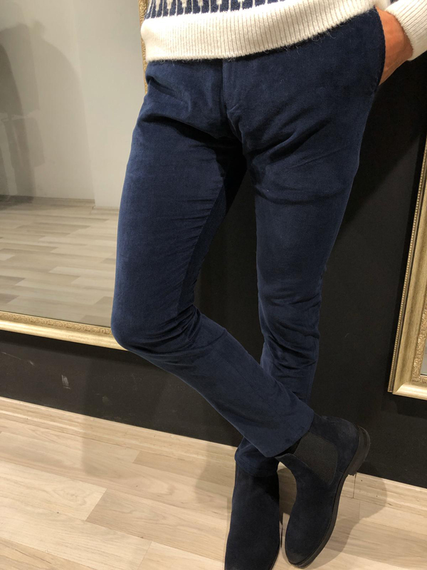 Navy Blue Slim Fit Corduroy Pants by GentWith.com with Free Worldwide Shipping
