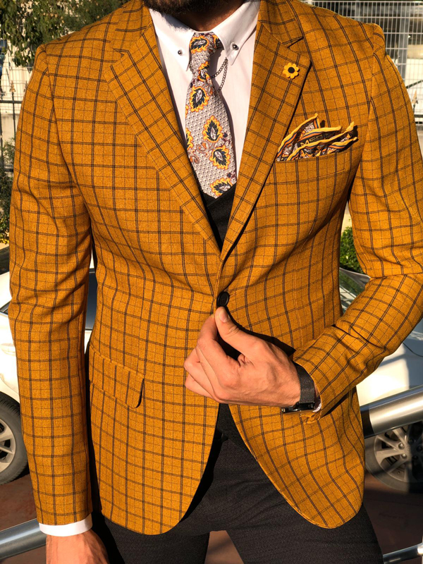 Buy Mustard Slim Fit Plaid Check Suit by GentWith.com | Free Shipping