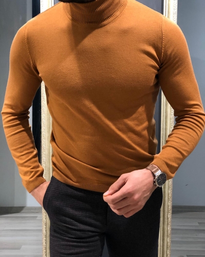 Brown Slim Fit Mock Turtleneck Sweater for Men by