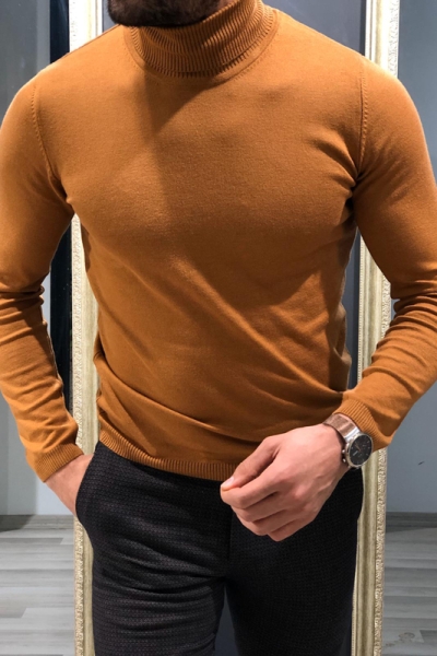 Brown Slim Fit Turtleneck Wool Sweater by GentWith.com