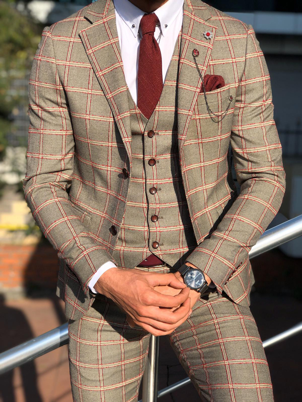 Buy Burgundy Slim Fit Plaid Check Suit By Free Shipping