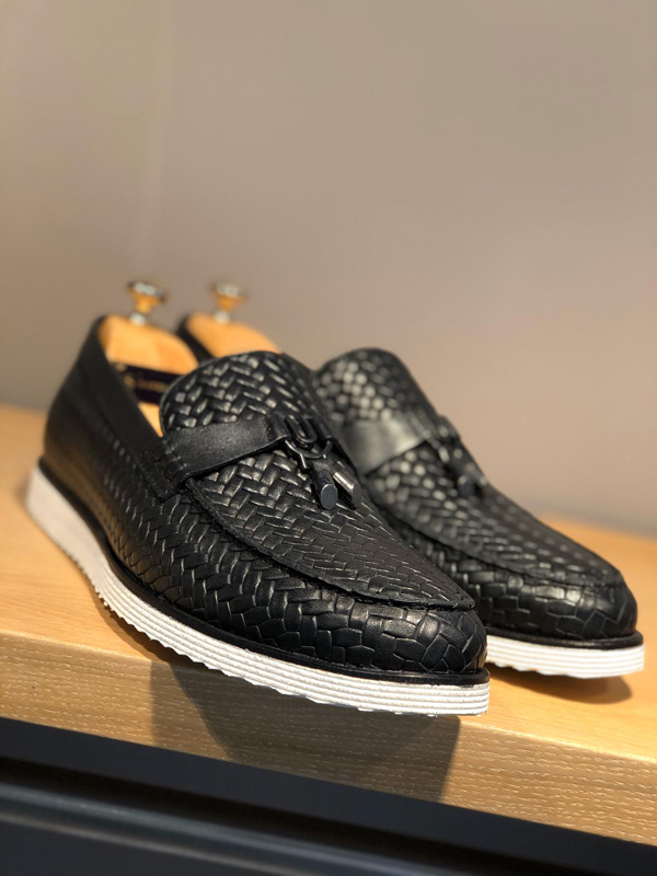 Buy Black Woven Leather Tassel Loafer by GentWith.com | Free Shipping