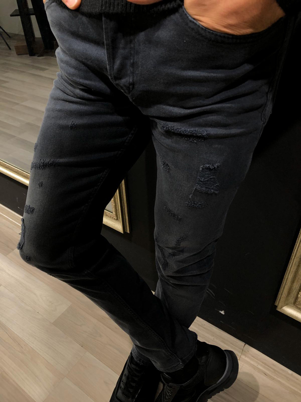 Black Distressed Jeans by GentWith.com with Free Worldwide Shipping