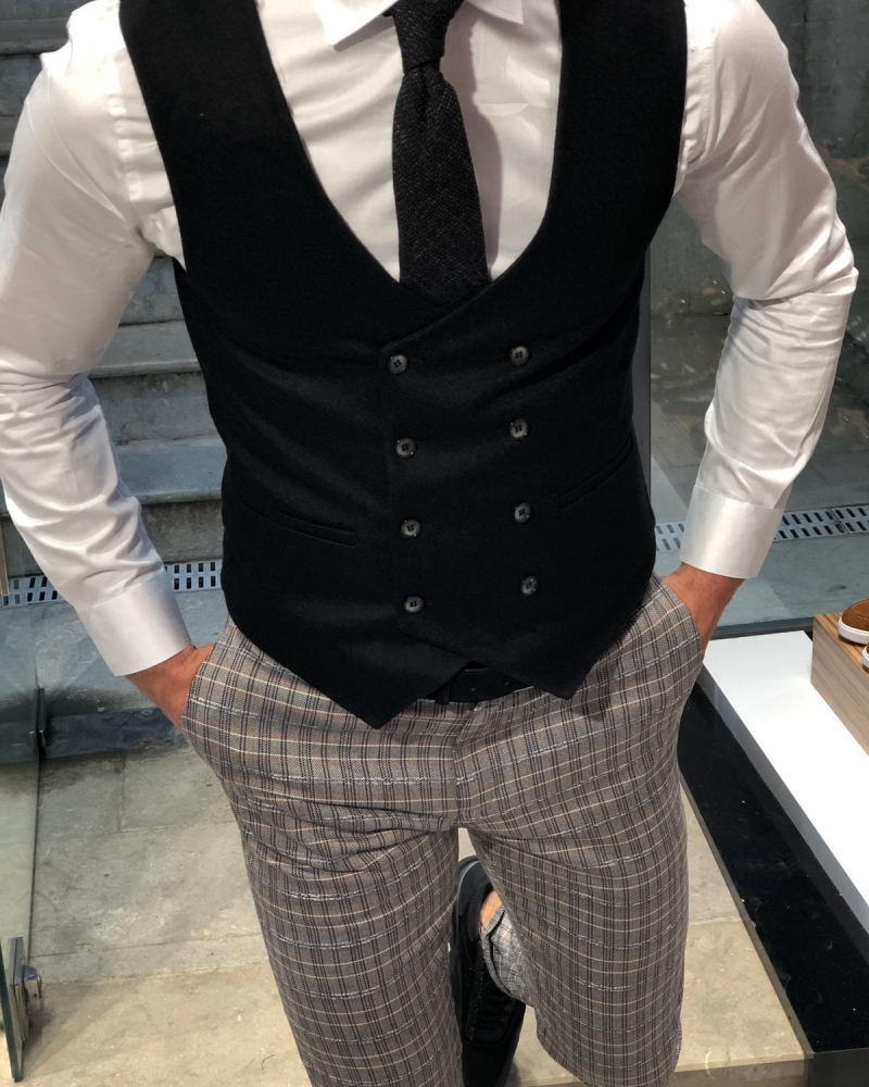Black Slim Fit Double Breasted Wool Vest by GentWith.com with Free Worldwide Shipping