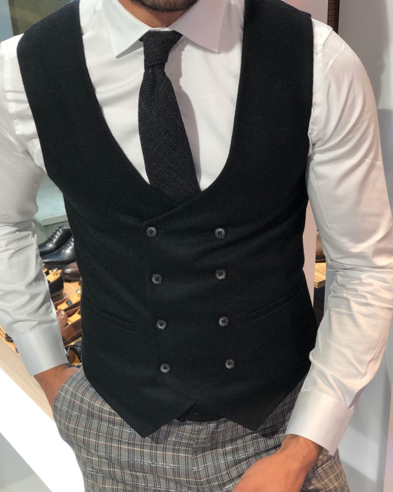 Black Slim Fit Double Breasted Wool Vest by GentWith.com with Free Worldwide Shipping