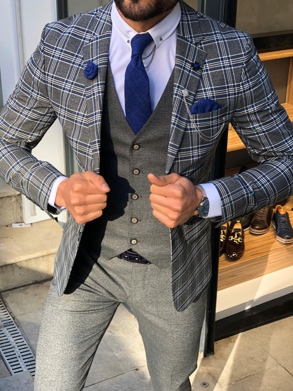 Buy Blue Slim Fit Plaid Check Suit by GentWith.com with Free Shipping
