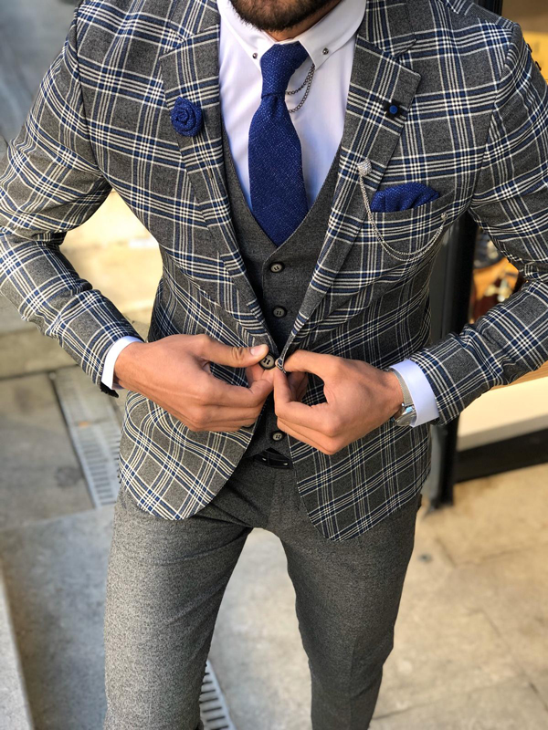 Buy Blue Slim Fit Plaid Check Suit By GentWith Com With Free Shipping
