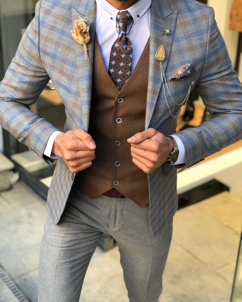 Buy Camel Slim Fit Check Suit by GentWith.com with Free Shipping