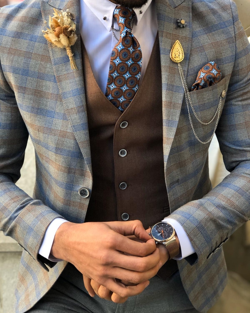 Camel Slim Fit Check Suit by GentWith.com with Free Worldwide Shipping