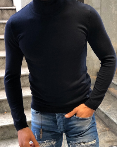 Dark Blue Slim Fit Turtleneck Wool Sweater by GentWith.com