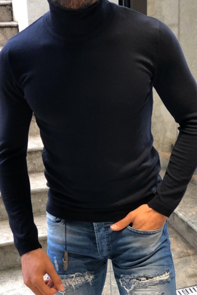 Dark Blue Slim Fit Turtleneck Wool Sweater by GentWith.com