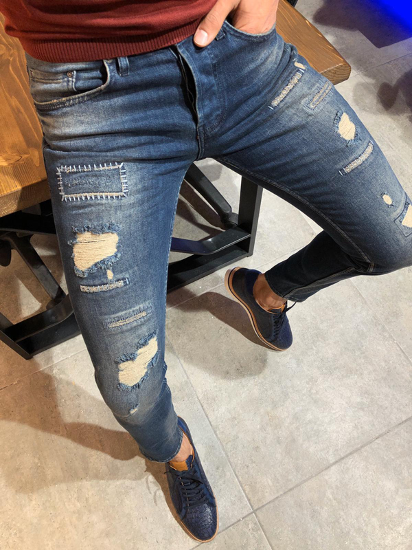 Buy Navy Blue Slim Fit Distressed Jeans by GentWith.com | Free Shipping