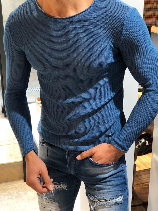 Buy Indigo Slim Fit Round Neck Sweater by GentWith.com | Free Shipping