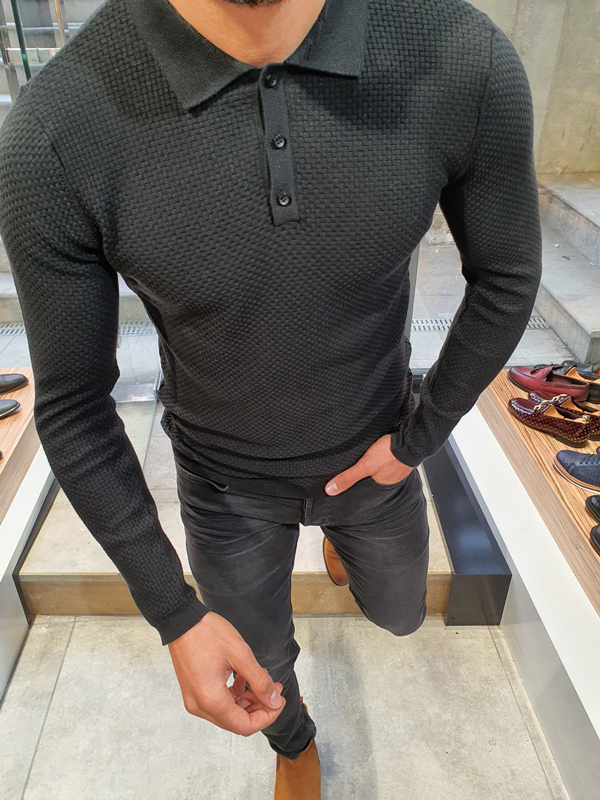 Black Slim Fit Collar Sweater by GentWith.com with Free Worldwide Shipping