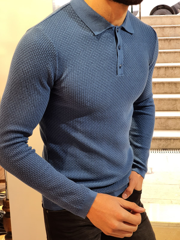Indigo Slim Fit Collar Sweater by GentWith.com with Free Worldwide Shipping