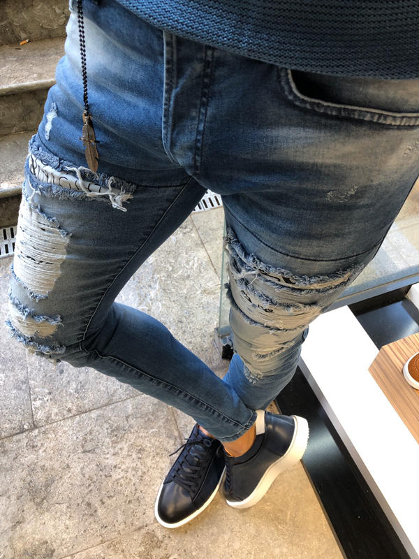 Buy Blue Slim Fit Ripped Jeans by GentWith.com with Free Shipping