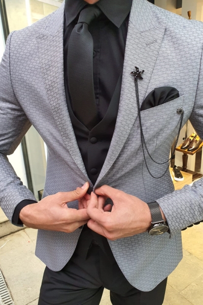 Gray Slim Fit Patterned Suit by GentWith.com with Free Worldwide Shipping