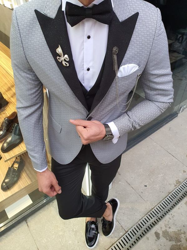 Gray Slim Fit Patterned Tuxedo by GentWith.com with Free Worldwide Shipping
