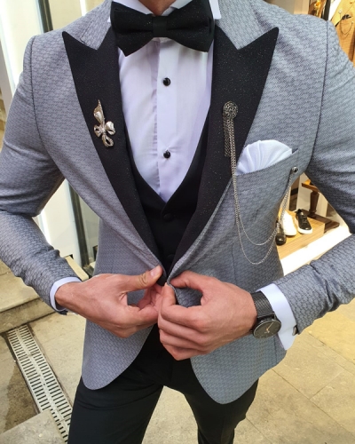 Gray Slim Fit Patterned Tuxedo by GentWith.com with Free Worldwide Shipping