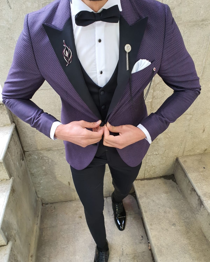 Purple Slim Fit Patterned Tuxedo by GentWith.com with Free Worldwide Shipping