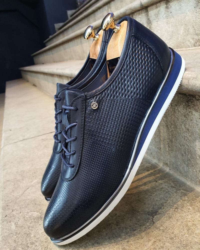 Buy Dark Blue Patterned Lace Up Sneakers by GentWith | Free Shipping