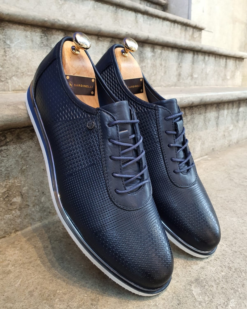 Dark Blue Patterned Lace-Up Sneakers by GentWith.com with Free Worldwide Shipping