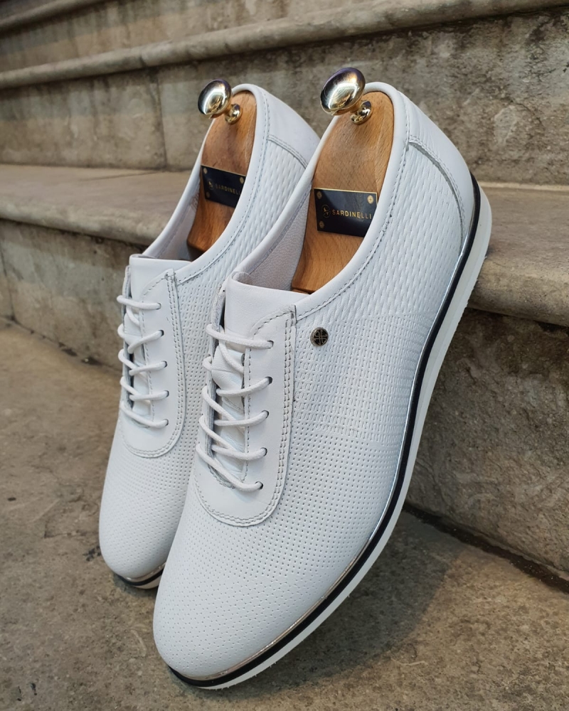 White Patterned Lace-Up Sneakers by GentWith.com with Free Worldwide Shipping