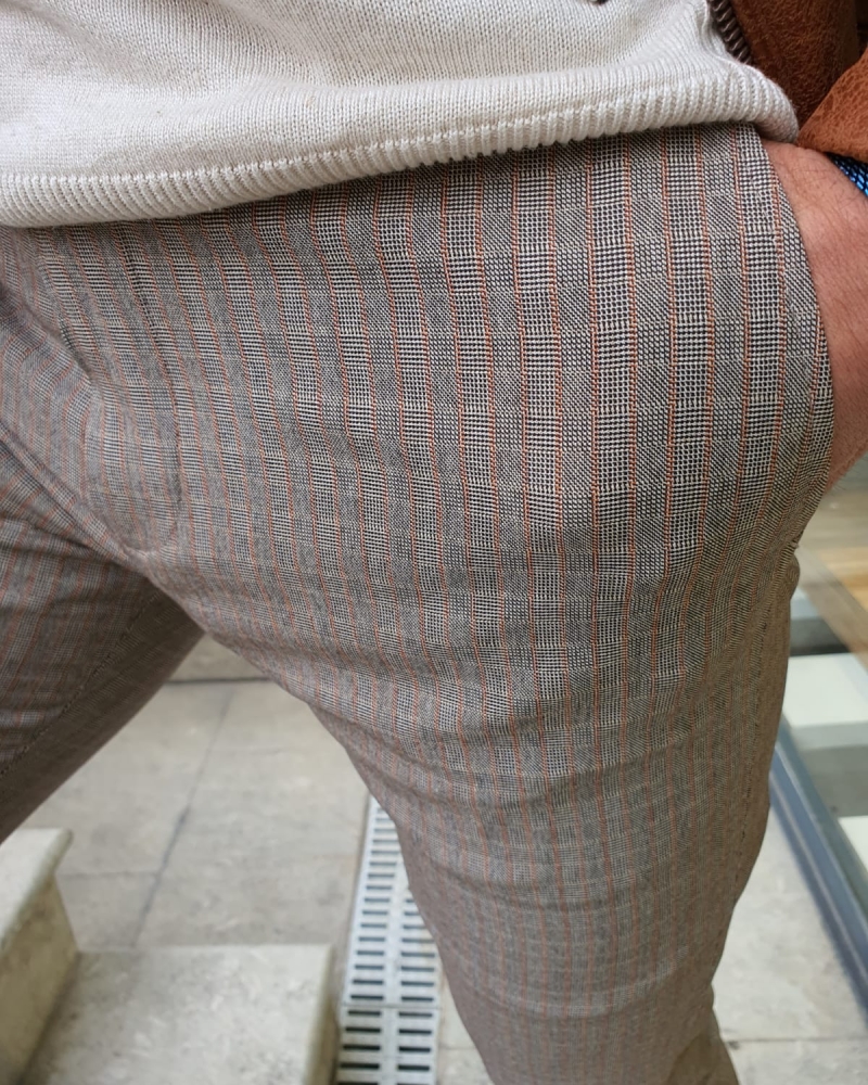 Beige Slim Fit Plaid Pants by GentWith.com with Free Worldwide Shipping