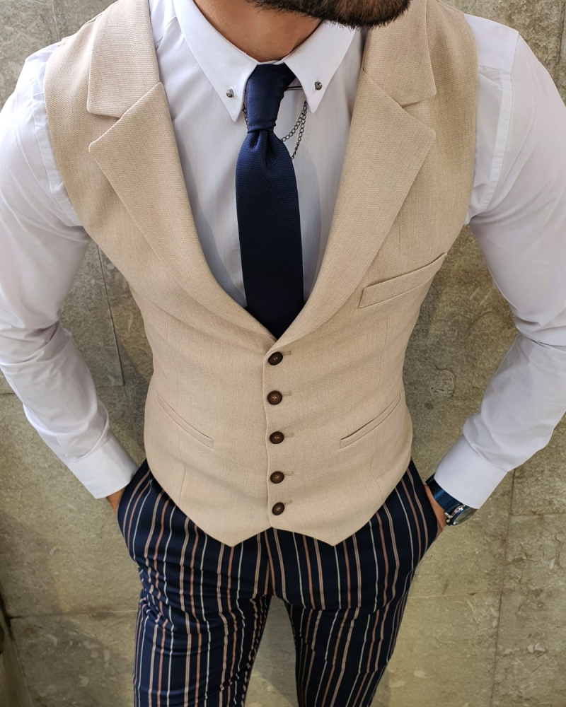 Beige Slim Fit Vest by GentWith.com with Free Worldwide Shipping