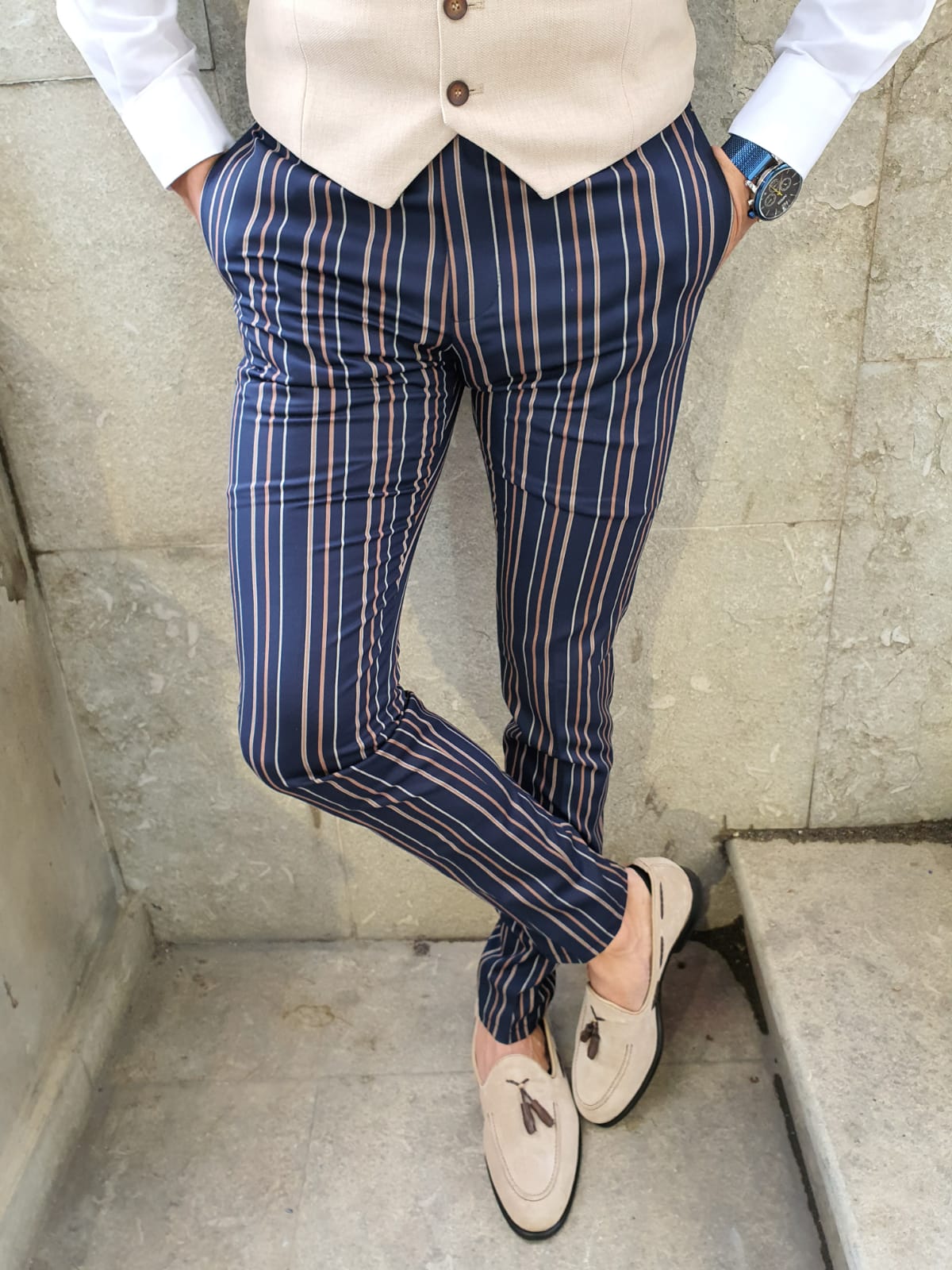 Buy Dark Blue Slim Fit Chalk Stripe Pants by GentWith with Free