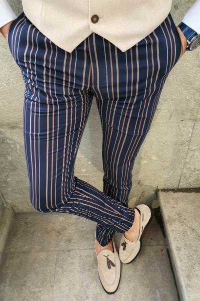 Dark Blue Slim Fit Chalk Stripe Pants by GentWith.com with Free Worldwide Shipping