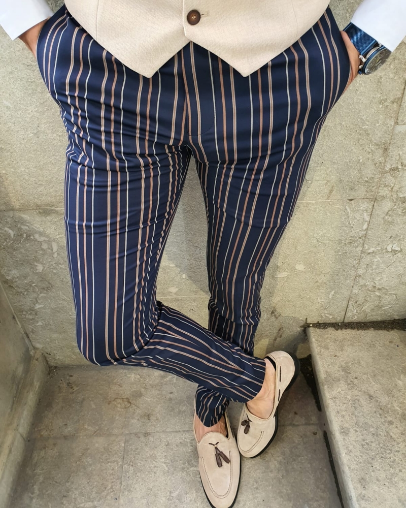 Dark Blue Slim Fit Chalk Stripe Pants by GentWith.com with Free Worldwide Shipping