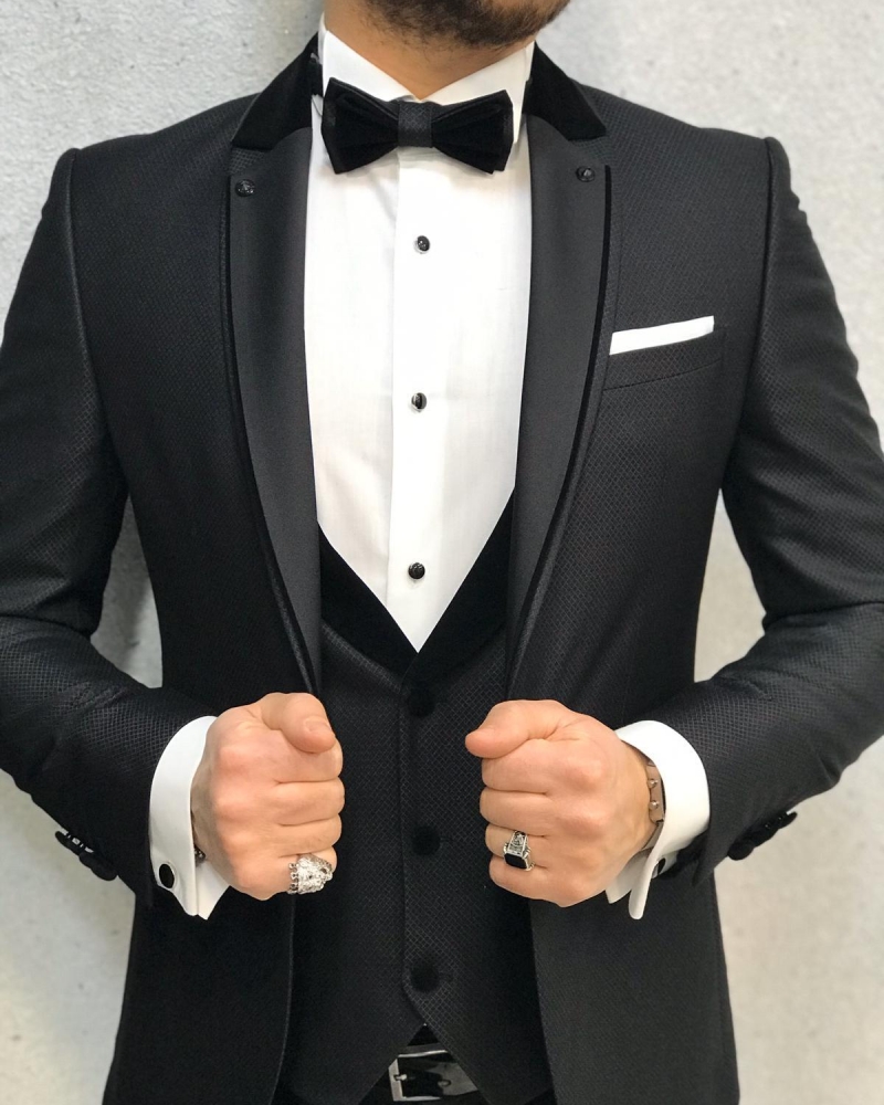 Black Slim Fit Stony Lapel Tuxedo by GentWith.com with Free Worldwide Shipping