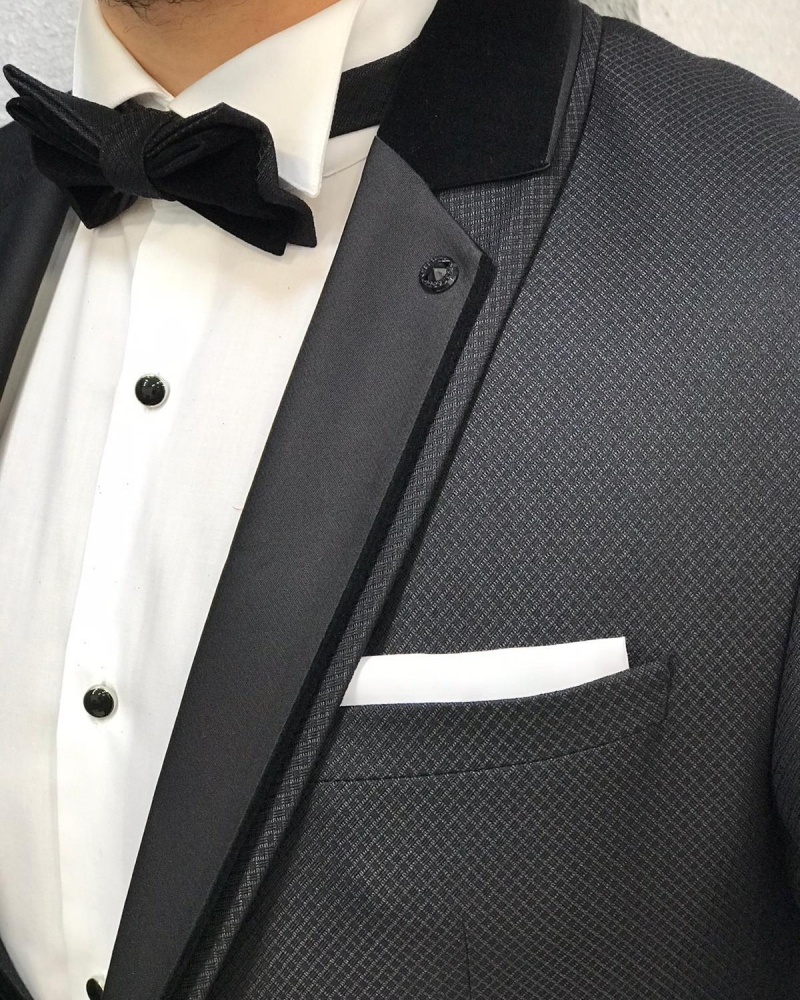 Black Slim Fit Stony Lapel Tuxedo by GentWith.com with Free Worldwide Shipping