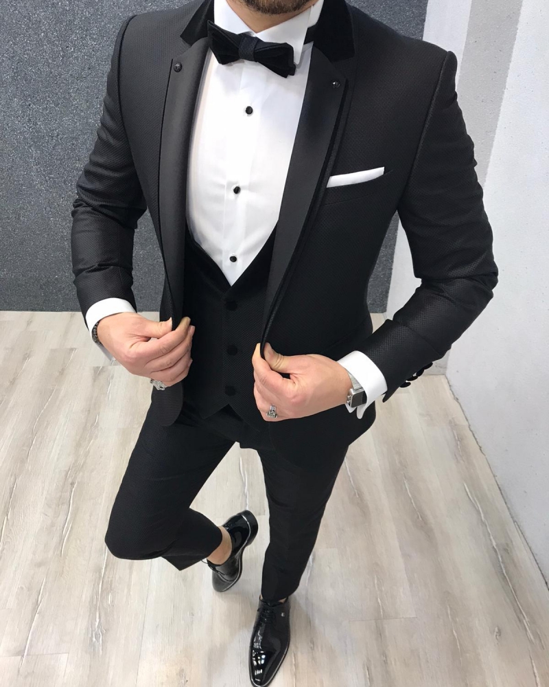Black Slim Fit Stony Lapel Tuxedo by GentWith.com with Free Worldwide Shipping