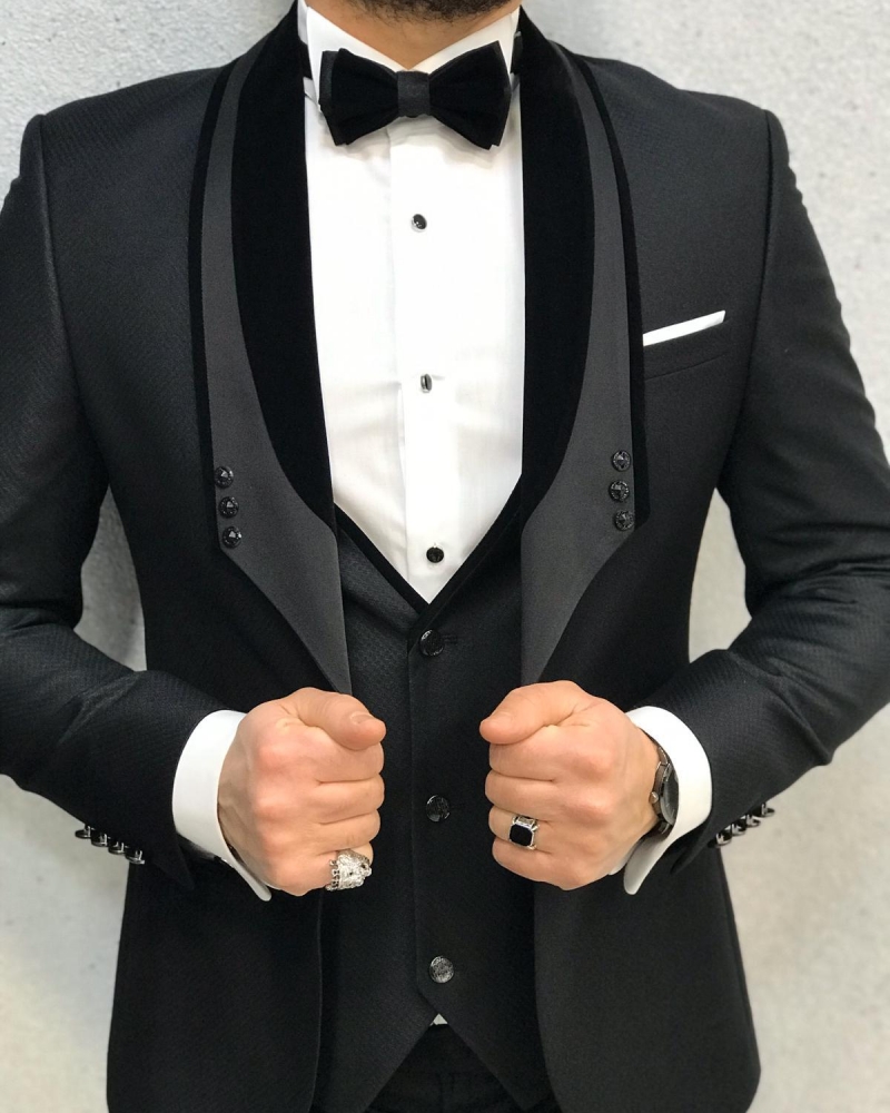 Black Slim Fit Velvet Stony Lapel Tuxedo by GentWith.com with Free Worldwide Shipping