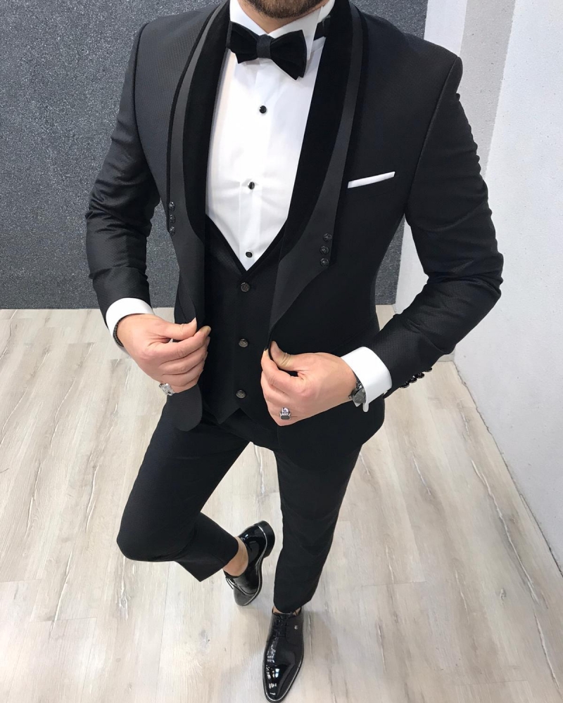 Black Slim Fit Velvet Stony Lapel Tuxedo by GentWith.com with Free Worldwide Shipping