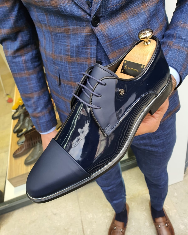 Navy Blue Cap Toe Laced Blucher by GentWith.com with Free Worldwide Shipping