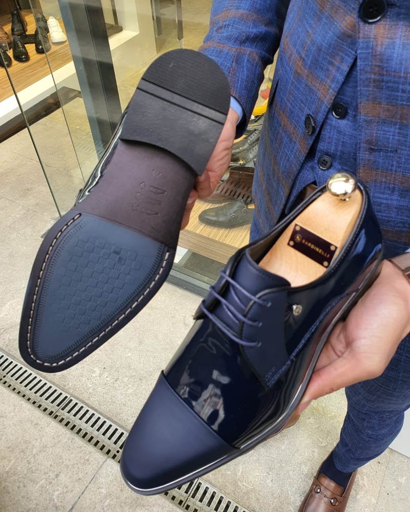 Navy Blue Cap Toe Laced Blucher by GentWith.com with Free Worldwide Shipping