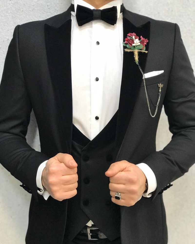 Black Slim Fit Velvet Peak Lapel Tuxedo by GentWith.com with Free Worldwide Shipping