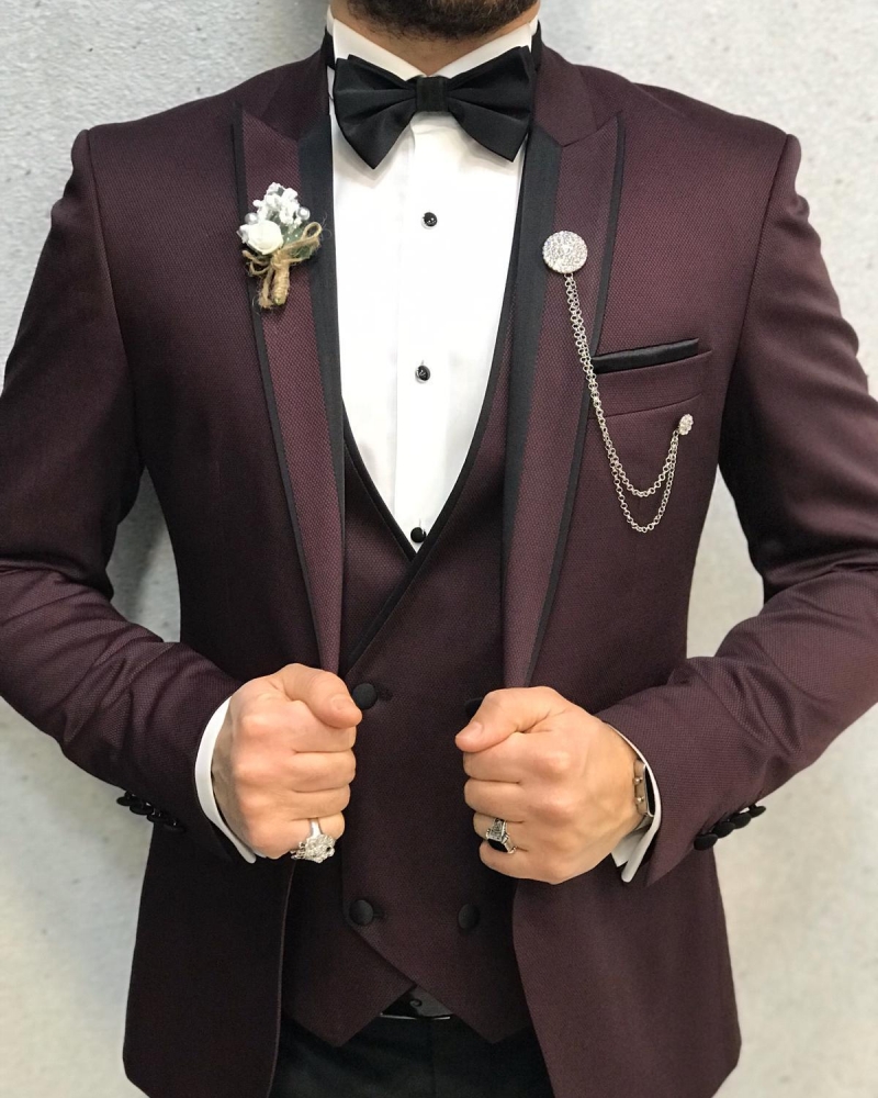 Claret Red Slim Fit Peak Lapel Tuxedo by GentWith.com with Free Worldwide Shipping