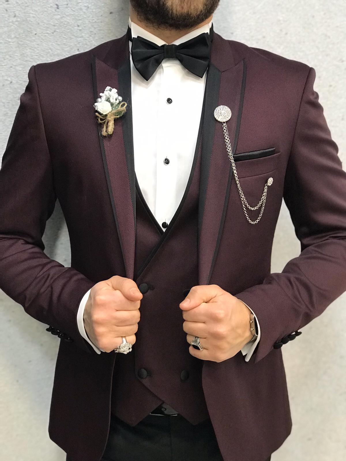 Buy Claret Red Slim Fit Peak Lapel Tuxedo by GentWith | Free Shipping
