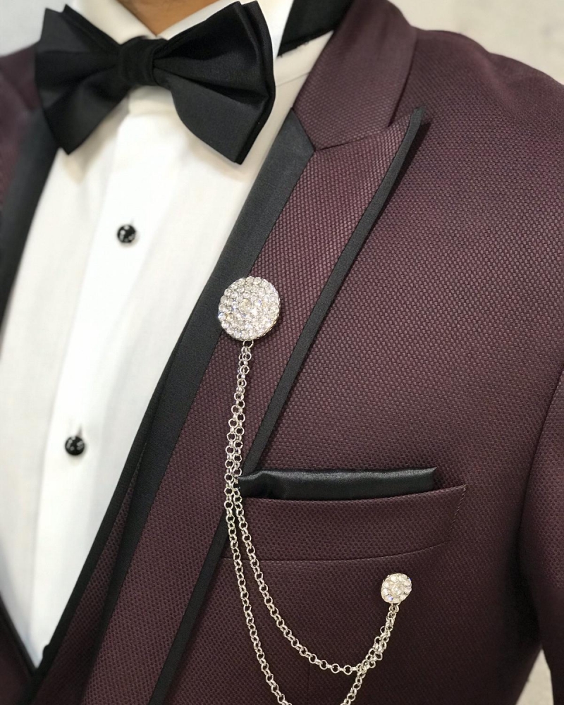 Claret Red Slim Fit Peak Lapel Tuxedo by GentWith.com with Free Worldwide Shipping