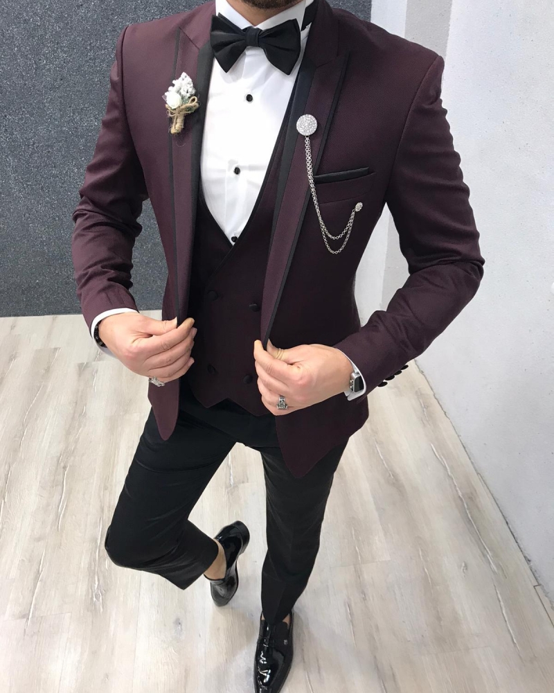 Claret Red Slim Fit Peak Lapel Tuxedo by GentWith.com with Free Worldwide Shipping